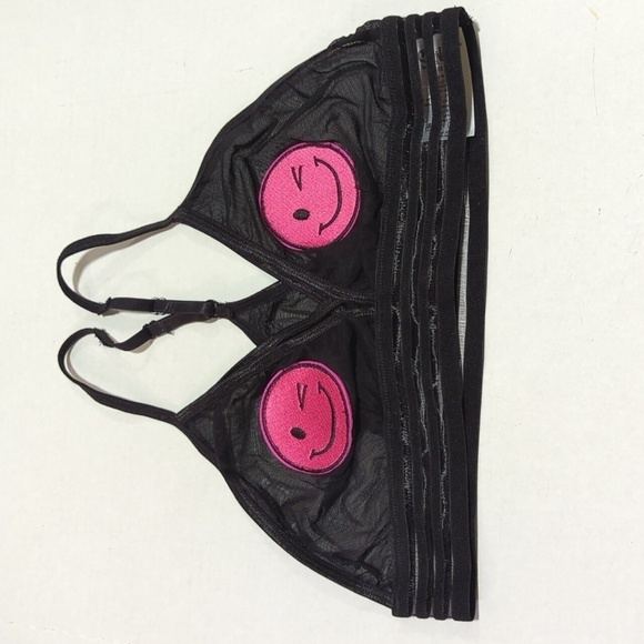 Spencers Mesh Festival Smiley Wink Face Bikini Black Pink Emoji Bra Size S/M - Picture 1 of 6